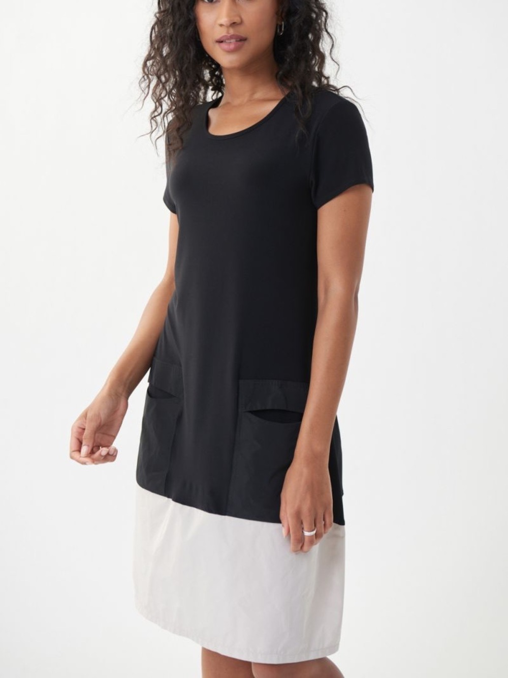 Joseph Ribkoff Two-Tone Casual Knee-Length Shift Dress Pockets Size 6 Black Tan